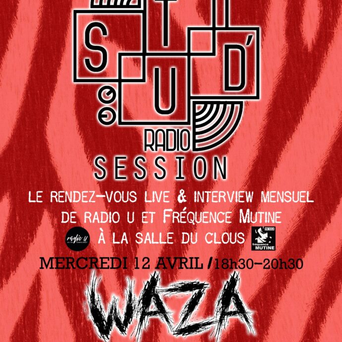 affiche de concert zébrée en rouge avec le nom du groupe Waza.